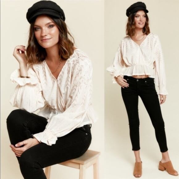 FREE PEOPLE Womens XS 100% Cotton V Neck Peplum Glitter Peasant Poet Blouse - Picture 3 of 12